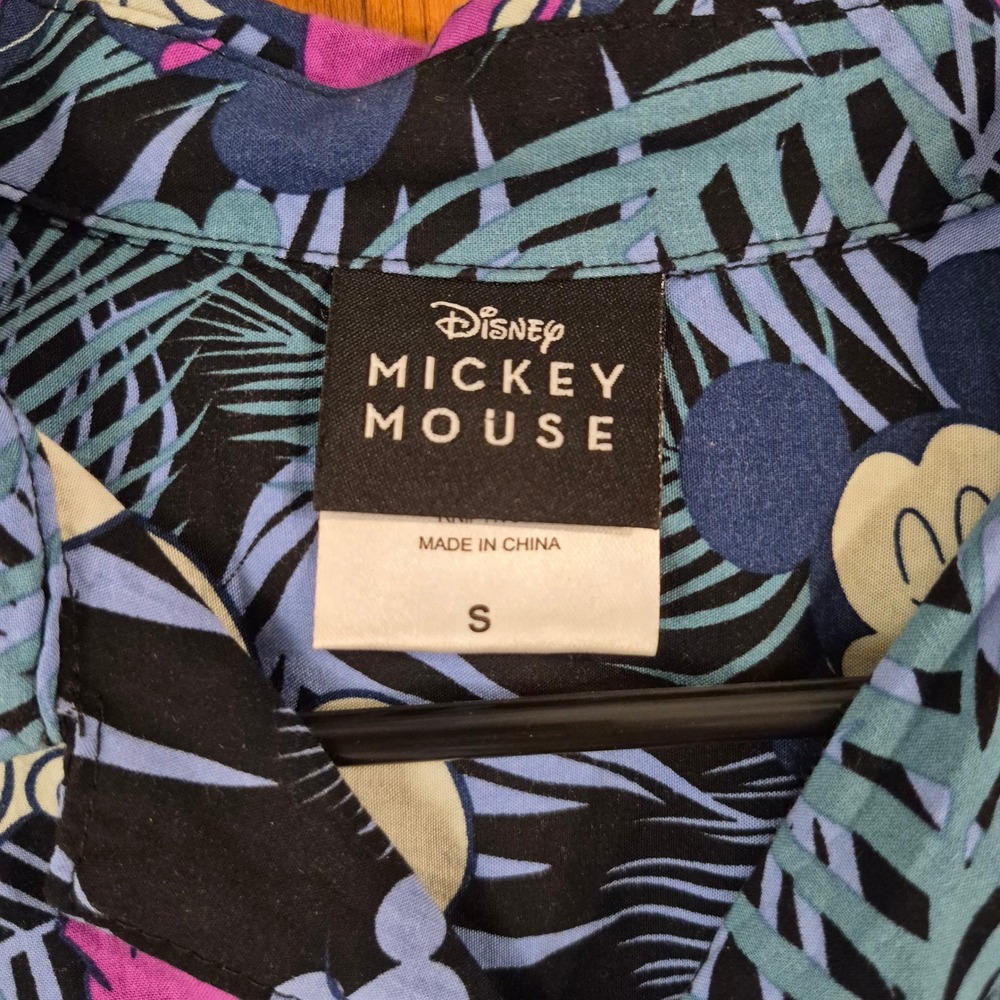Disney Mickey Mouse Tropical Palm Button Down Shirt Size Small Black Blue Rayon - Picture 4 of 8